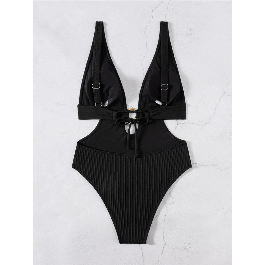 Damen Badeanzug tiefer V-Ausschnitt Cut-Out Monokini hoher Beinausschnitt 8 Farben