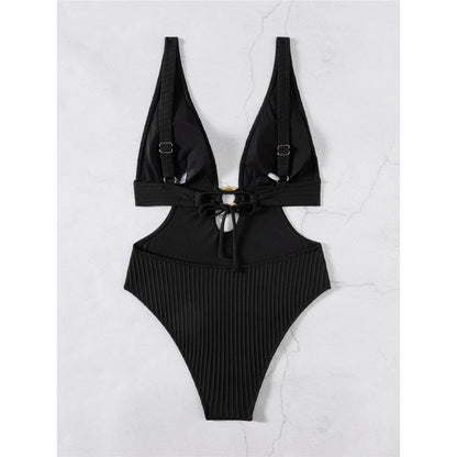 Damen Badeanzug tiefer V-Ausschnitt Cut-Out Monokini hoher Beinausschnitt 8 Farben