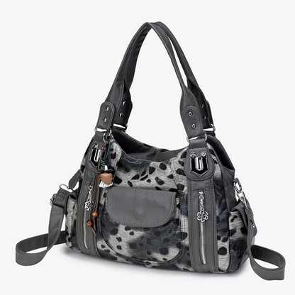 Damen-Hobo-Tasche aus gewaschenem Leder mit grau-Leoparden-Print und mehreren Fächern und viel Stauraum