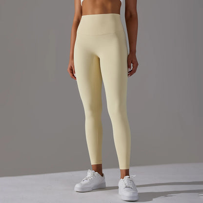 Nahtlose Yogahose, hoch tailliert, helles Creme, langes Bein, körpernah