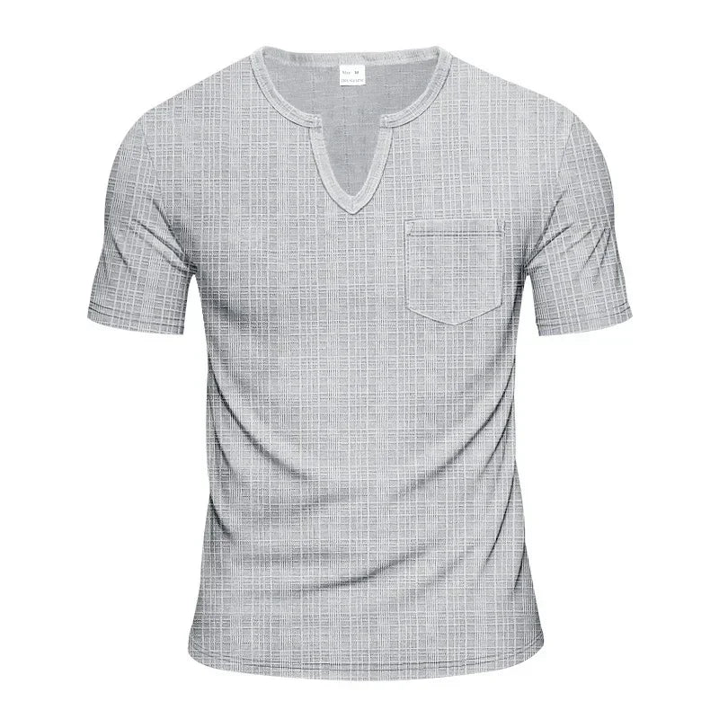 Herren-Casual-Poloshirt mit V-Ausschnitt, Brusttasche und Knopfleiste – vielseitiges, einfarbiges Business-T-Shirt