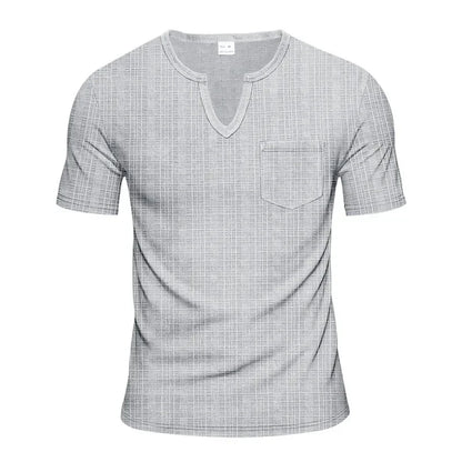 Herren-Casual-Poloshirt mit V-Ausschnitt, Brusttasche und Knopfleiste – vielseitiges, einfarbiges Business-T-Shirt