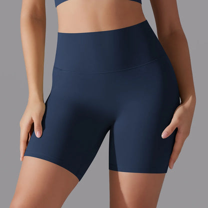 Schnelltrocknende Yoga-Shorts in Dunkelblau, hoher Bund, kurze Beinlänge