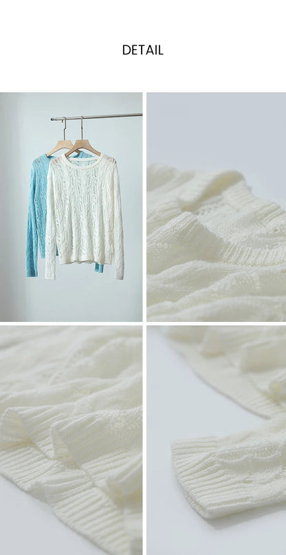 Hellweißer Strickpullover: Nahaufnahme von Rippenmuster und Zopfmuster am Stoff