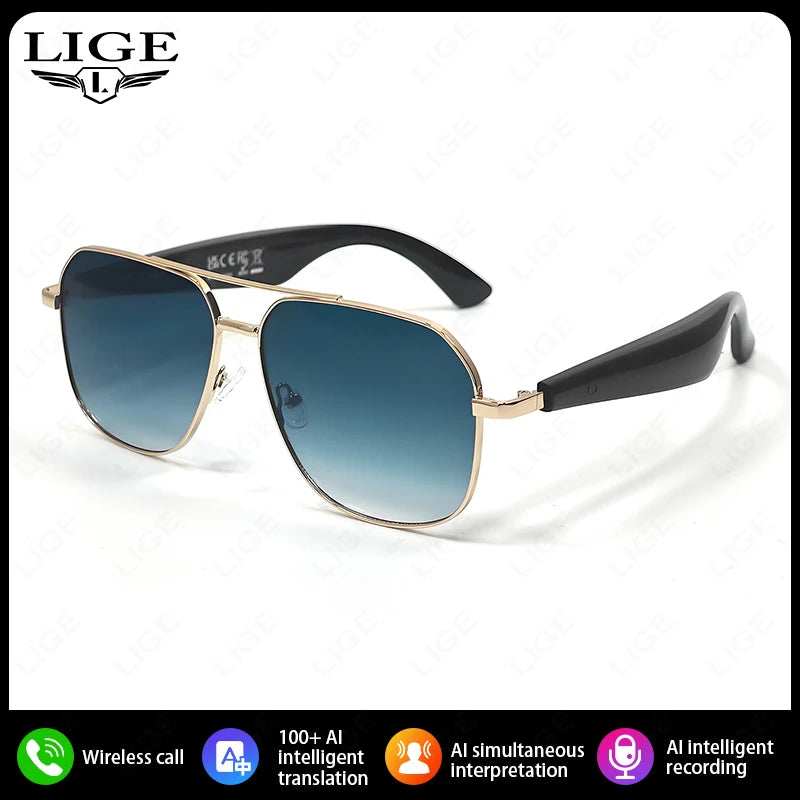 LIGE Intelligente Bluetooth-Brille AI Intelligente Übersetzung Echtzeit-Simultan-Interpretation Headset Drahtlose Anruf-Sonnenbrille