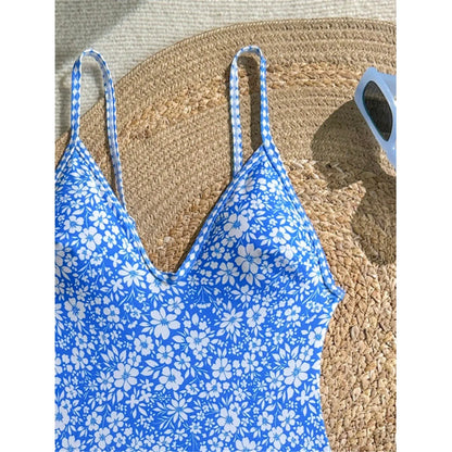 Damen Badeanzug Blumenmuster V-Ausschnitt High-Cut Monokini gepolstert Einteiler