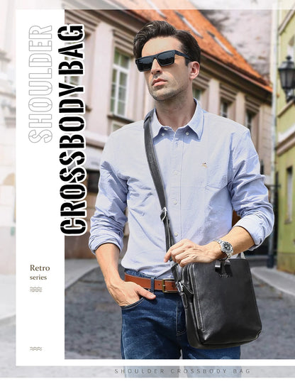 Herren-Schultertasche aus Leder, dunkelblau, mit Reißverschluss und verstellbarem Riemen