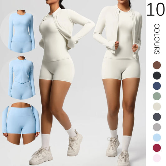 3-teiliges Yoga-Set in Hellivory: Zipjacke, Sporttop und Shorts