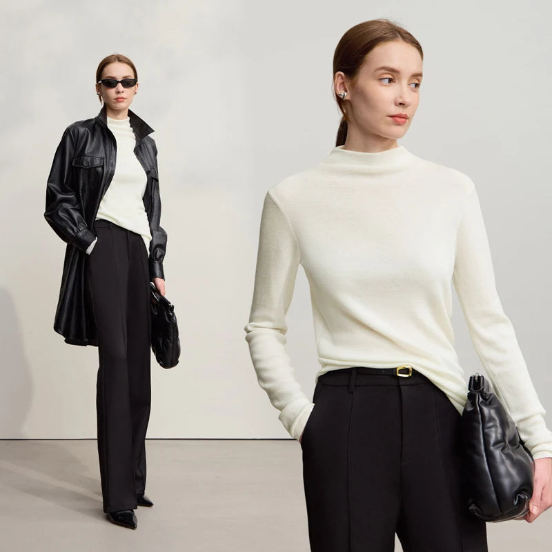 Damenpullover mit Halb-Rollkragen, asymmetrischem Schnitt, langarm, offwhite