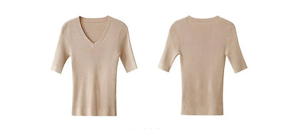 Damen V-Ausschnitt Pullover Viskose Halbarm Slim Büro Sommer