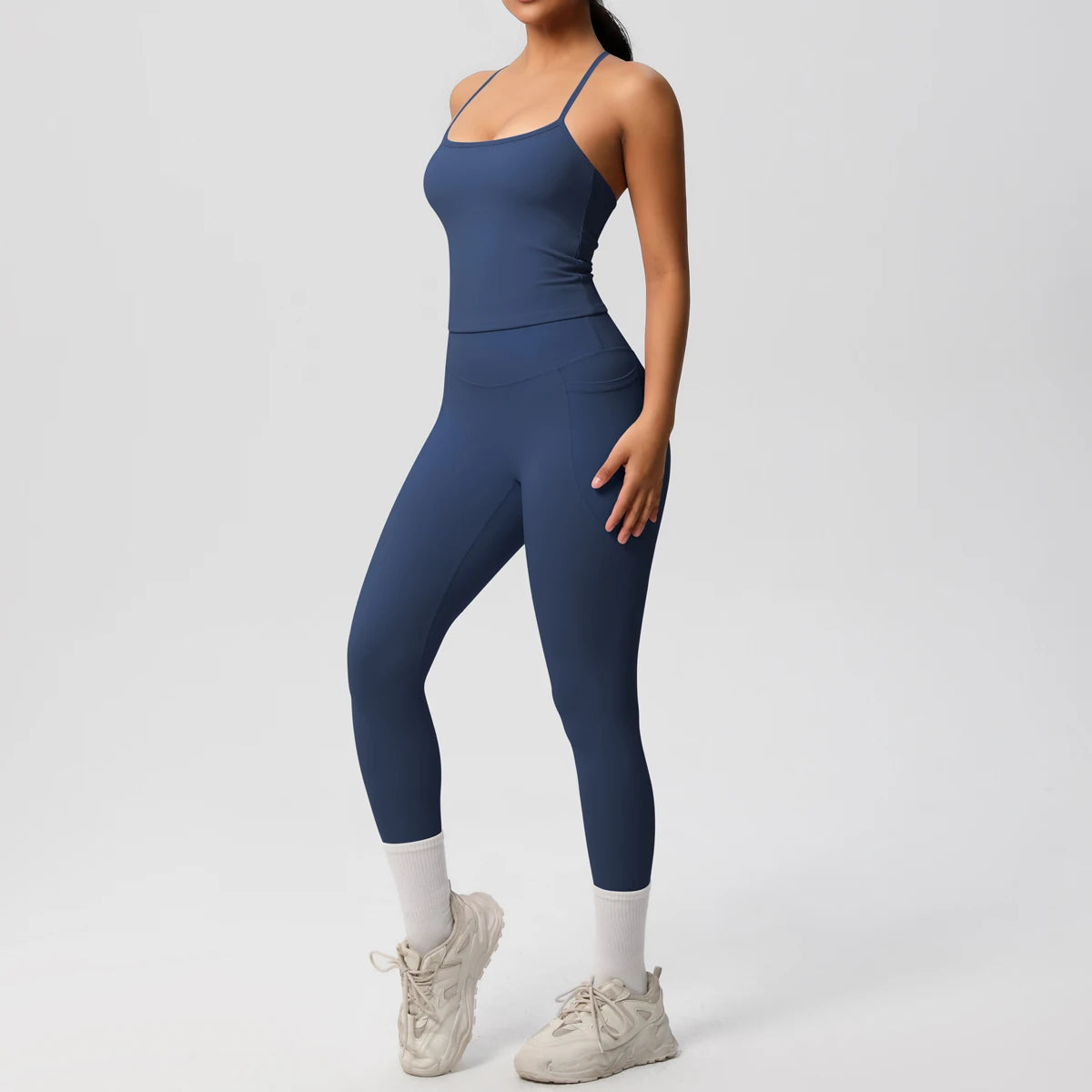 Damen-Sportset (2-teilig) in Dunkelblau: Trägershirt und Leggings im Slim-Fit
