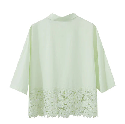 Damen Kurzarm Shirt mit drehbarem Kragen und solider Aushöhlung