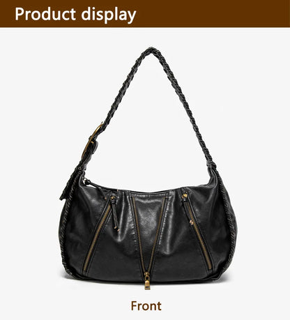 Damen-Hobo-Handtasche Vintage-Stil aus weichem Kunstleder mit geflochtenem Tragegurt und Mehrfach-Reißverschlussfächern