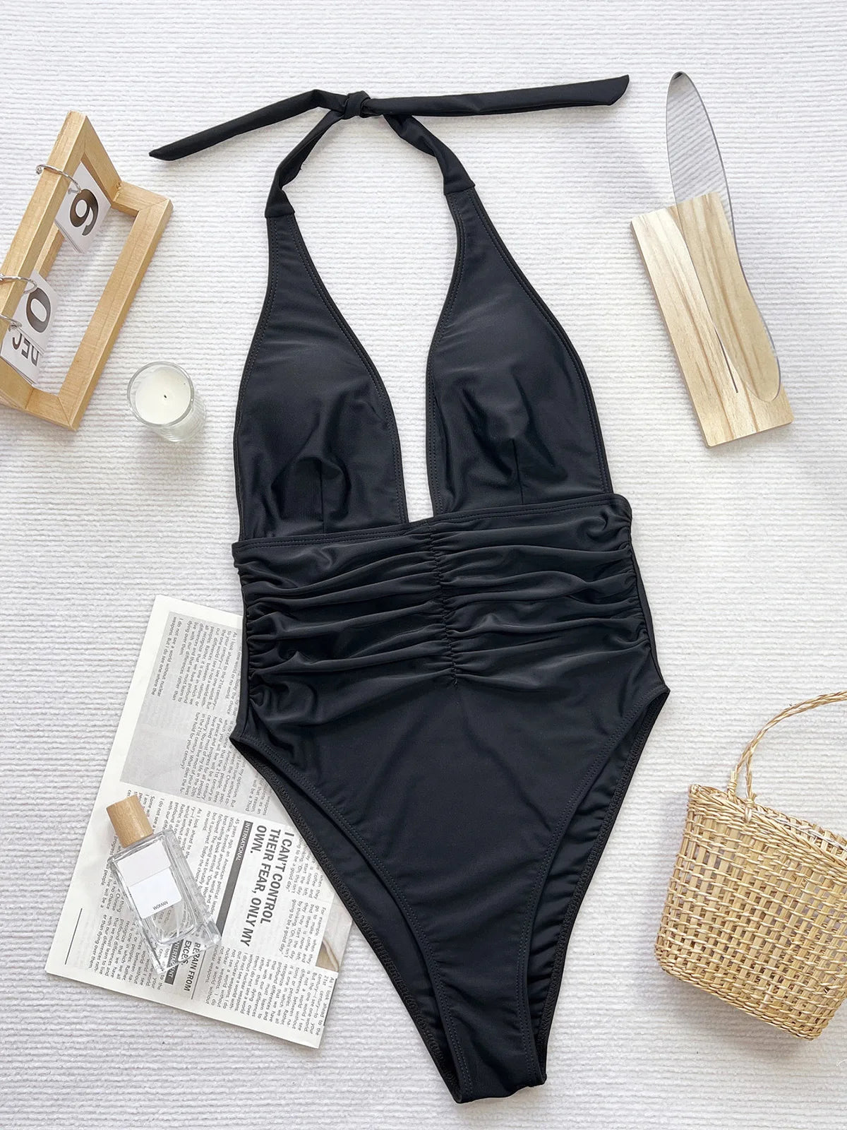 Damen Badeanzug tiefer V-Ausschnitt Neckholder gerüscht hoher Beinausschnitt Monokini