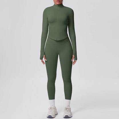 Olivegrünes Yoga-Set mit Reißverschluss-Longsleeve und Leggings, hohe Taille