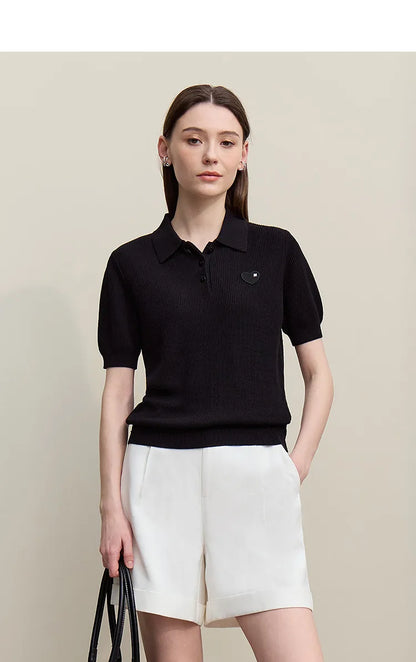 Damen-Strickpullover mit Polokragen, kurzarm, schwarz, mit Herz-Emblem