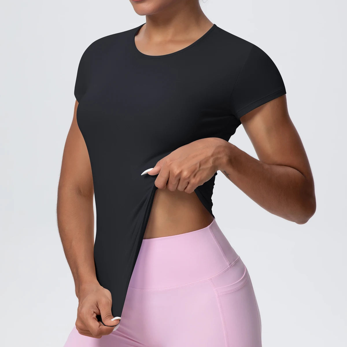 Damen-Yoga-Shirt, schwarz, kurzarm mit Rundhalsausschnitt, vorne