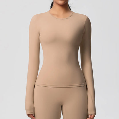 Damen-Workout-Longsleeve in Braun, körpernah mit Rundhalsausschnitt und langen Ärmeln