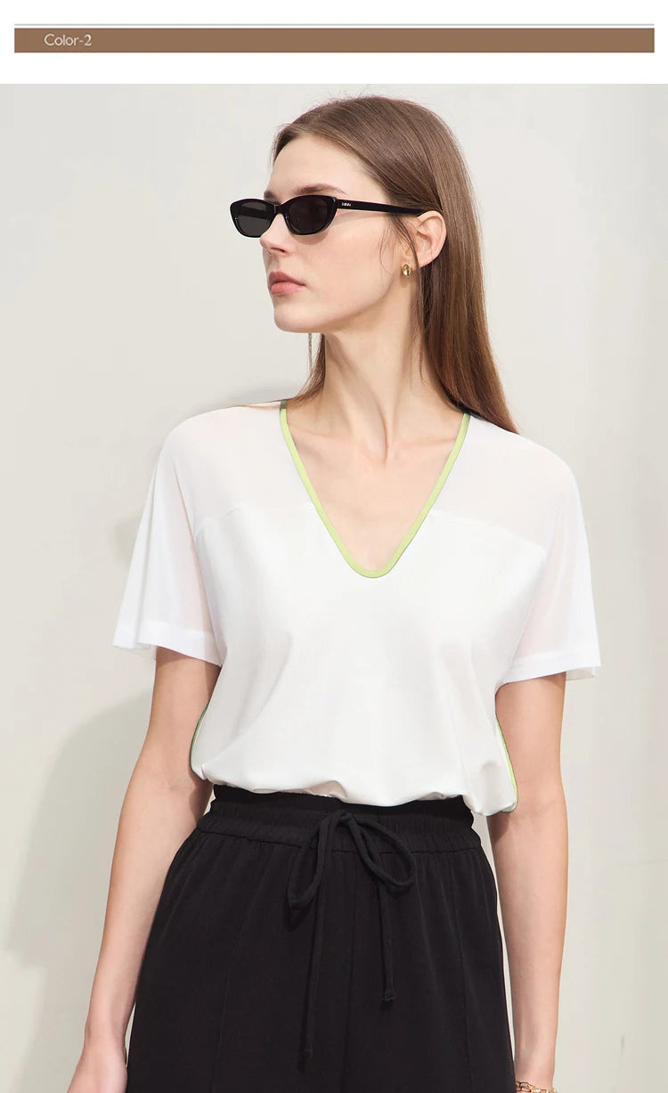 Damen T-Shirt im Minimalismus-Stil mit V-Ausschnitt und Kontrastnähten