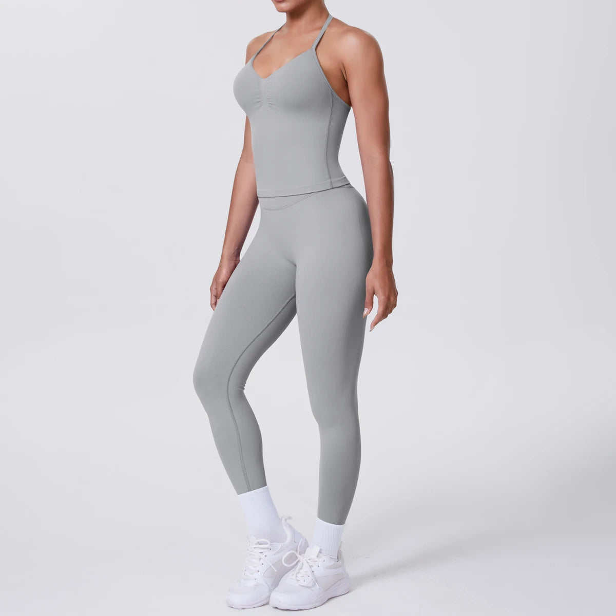 Damen Yoga-Set mit ärmelloser Weste und Leggings, hellgrau