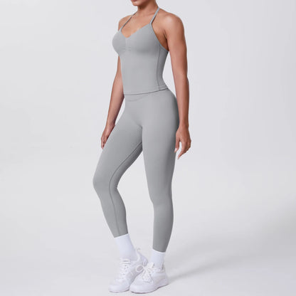 Damen Yoga-Set mit ärmelloser Weste und Leggings, hellgrau