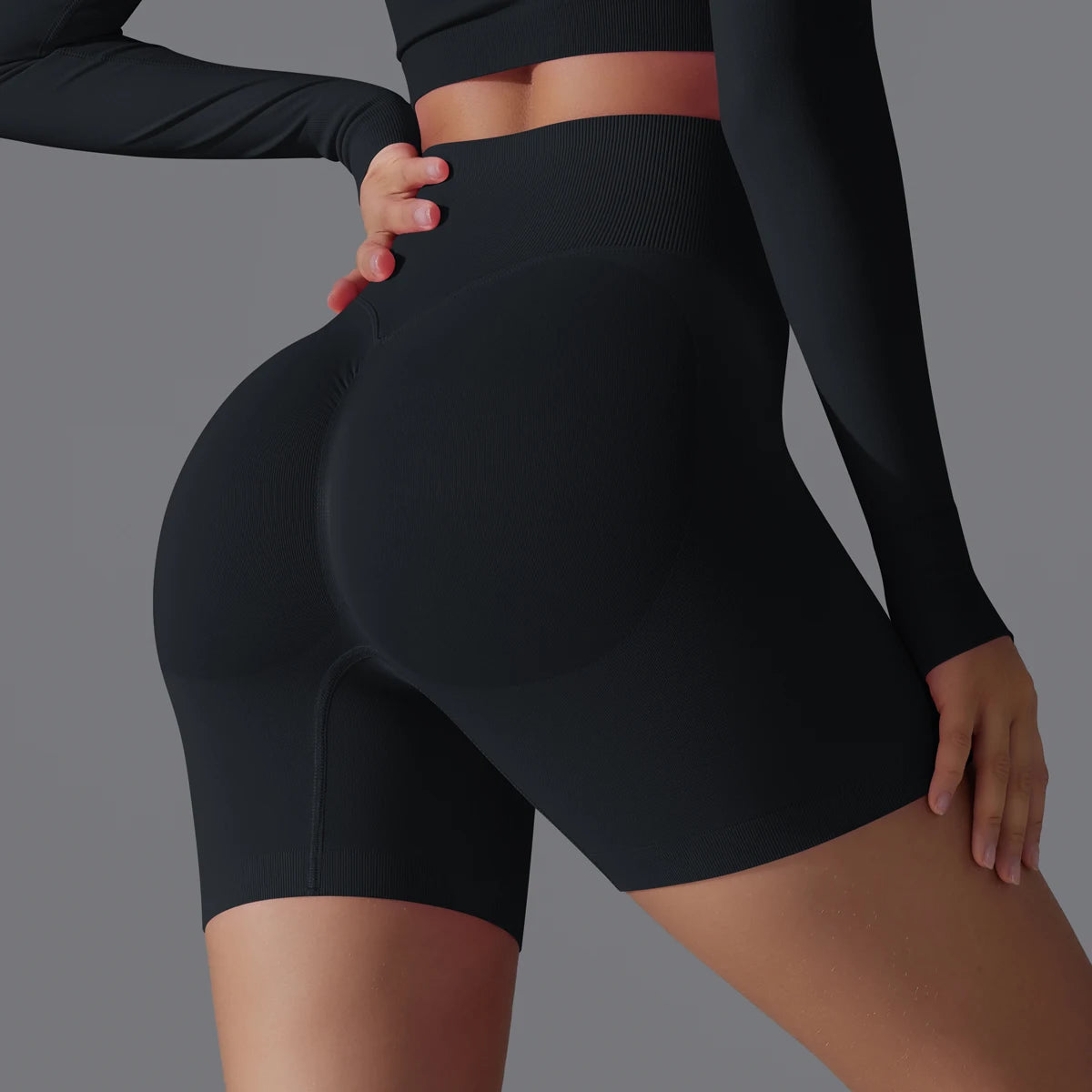 Damen-Sportshorts mit Scrunch-Effekt, schwarz, hohe Taille, eng anliegend
