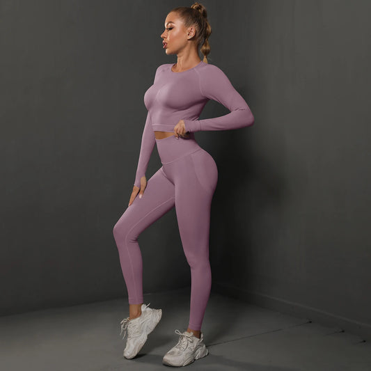 Nahtloses Yoga-Set mit Crop-Top und Leggings, lila, lange Ärmel und hoch geschnittene Taille