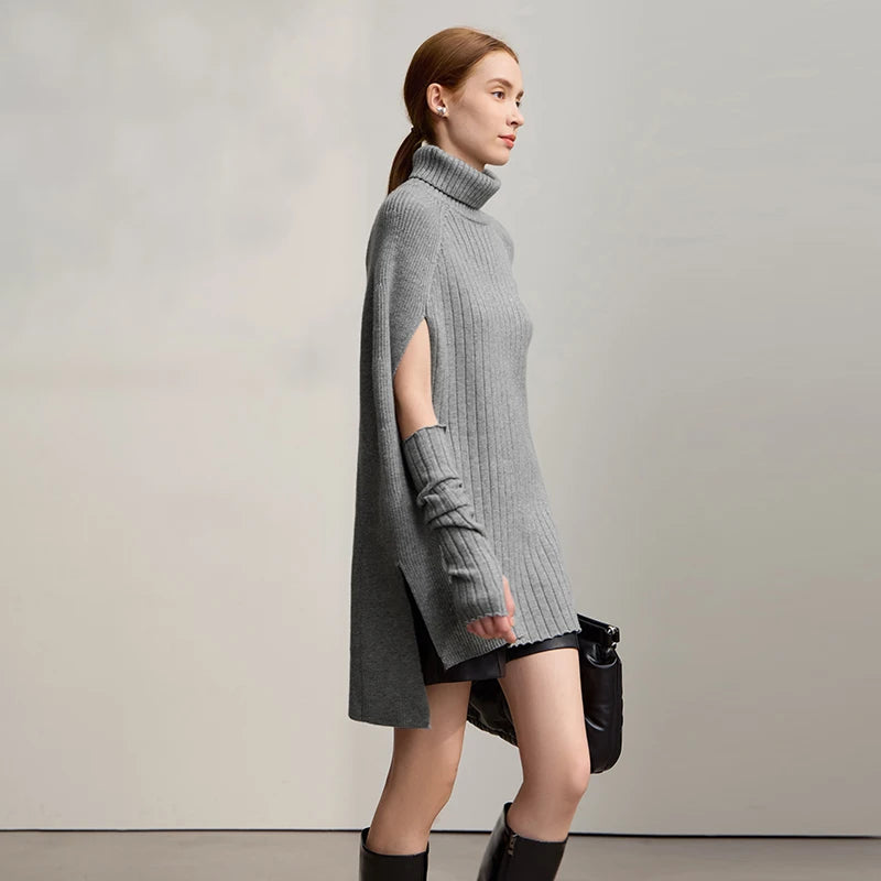Damen-Rollkragenpullover Cape lang Raglan Streetwear Winter