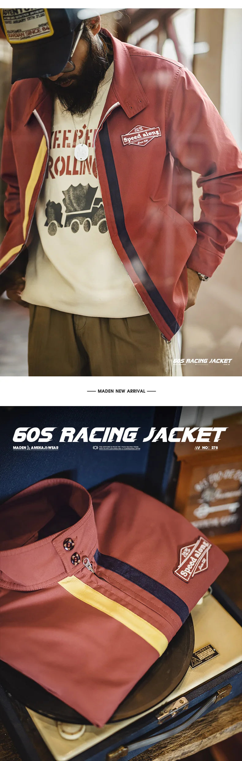 Herren Rennjacke Retro 60er Jahre Stehkragen Reißverschluss Sportlich Lässig
