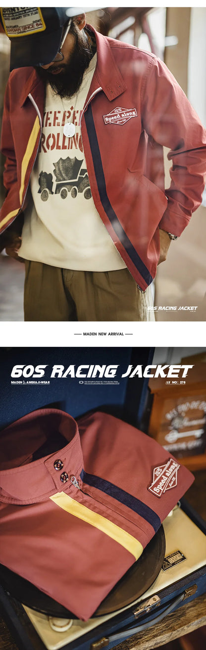 Herren Rennjacke Retro 60er Jahre Stehkragen Reißverschluss Sportlich Lässig