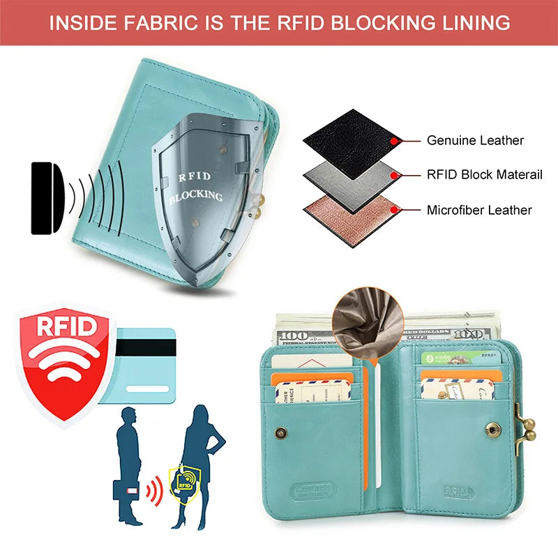 Damen Echtleder Geldbörse Vintage Metallrahmen RFID 6 Kartenfächer Münzfach Reise