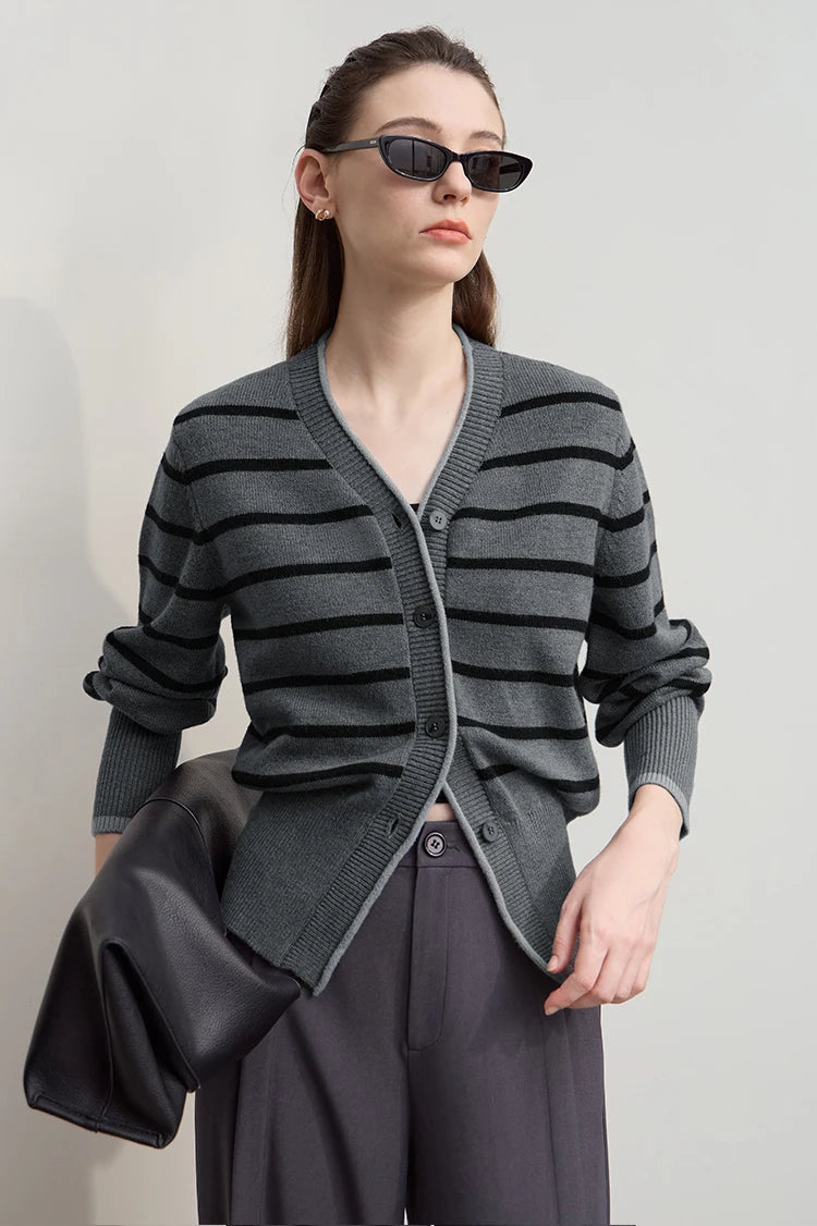 Damen-Strickjacke Streifen V-Ausschnitt locker Wolle Herbst-Winter