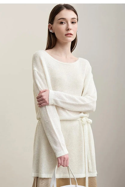Strickpullover mit Bindegürtel Damen, Rundhalsausschnitt, lange Ärmel, geraffter Saum
