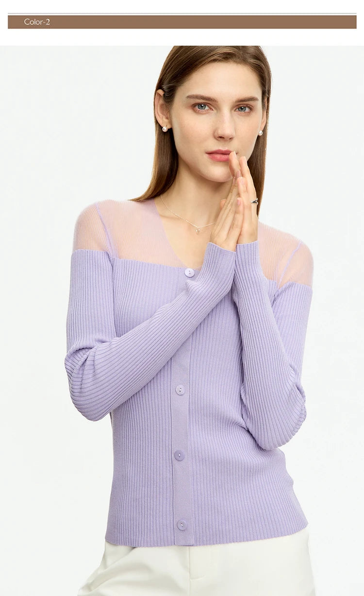 Damenpullover mit V-Ausschnitt und Knopfleiste, Langarm, lila Rippenstrick