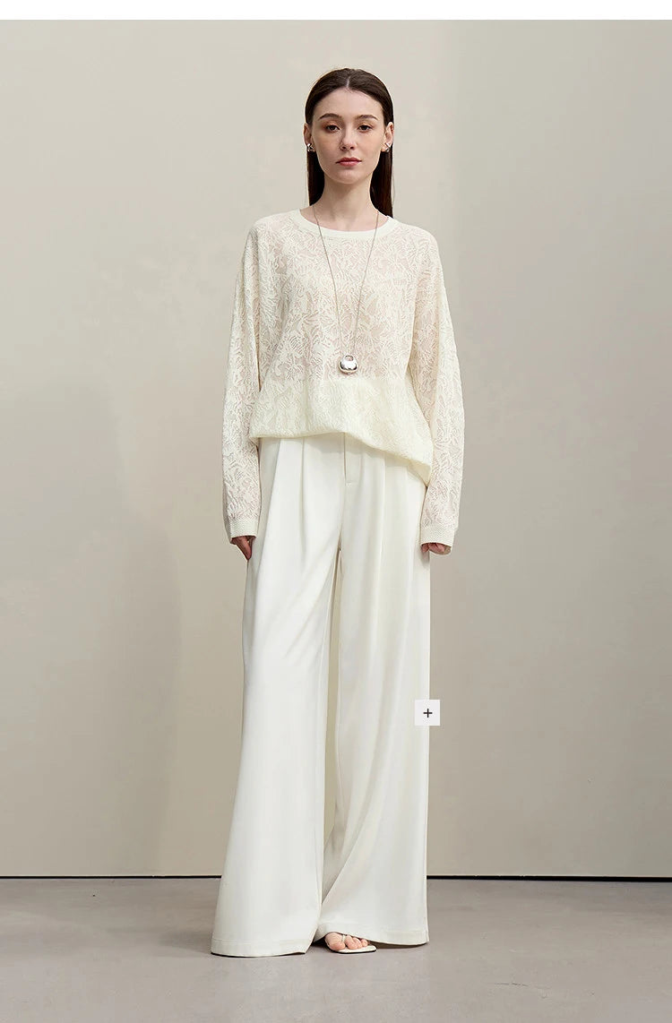 Damen-Rundhalspullover Jacquard Raglan locker lang Lyocell Frühling