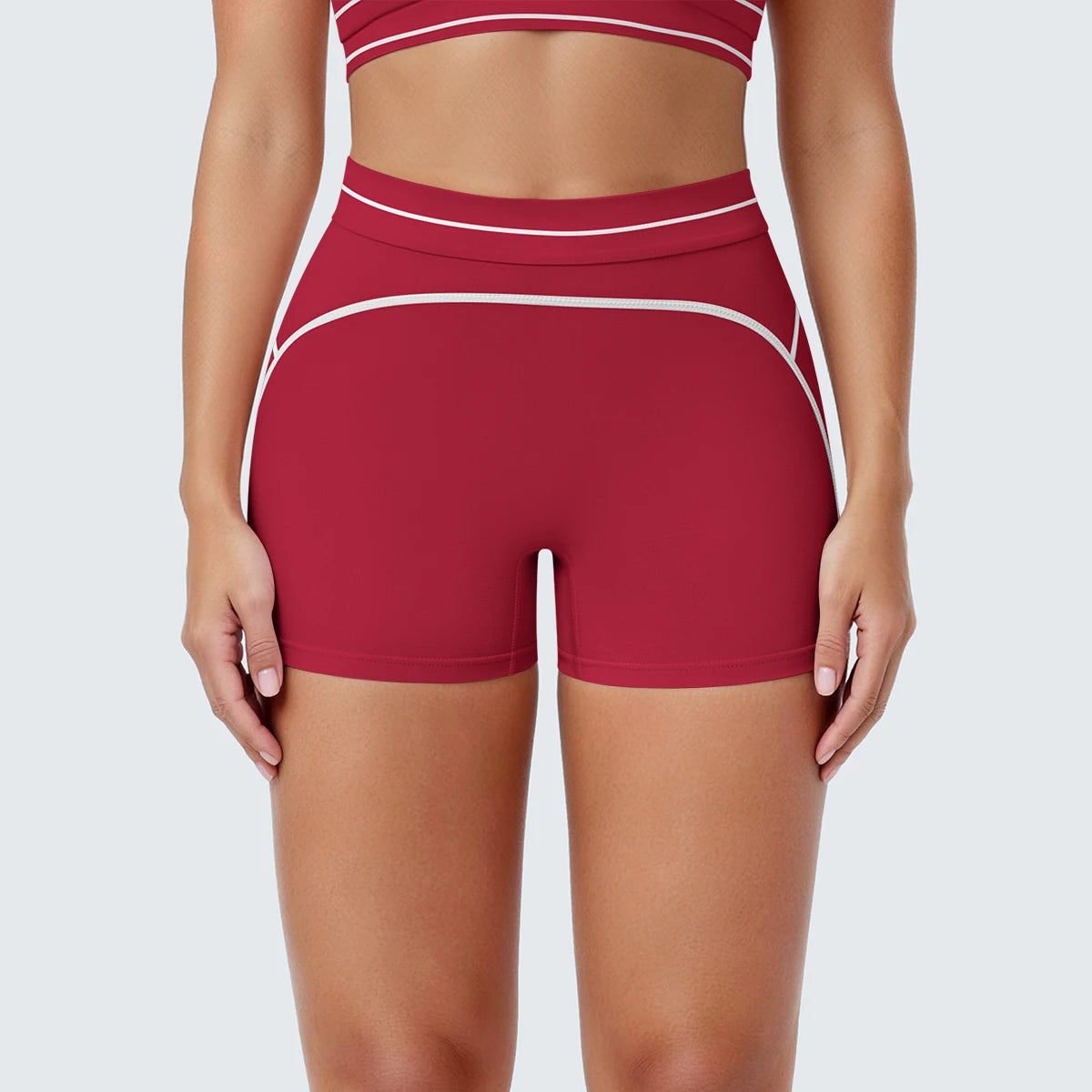 Rote Damen Yoga-Shorts mit breitem Bund und weißen Zierlinien, Hüftlift-Naht