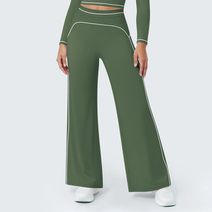 Dunkelgrüne Yoga-Hose für Damen mit weitem Bein und weißen Kontrastlinien