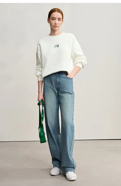 Damen-Rundhals-Sweatshirt Stickerei Kunstfell warm locker Winter