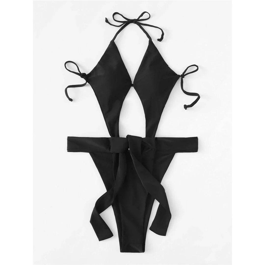 Damen Badeanzug Cut-Out Neckholder Trikini hoher Beinausschnitt Monokini gepolstert