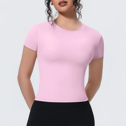 Damen Yoga-Shirt mit Rundhalsausschnitt, kurzarm, eng anliegend, hellrosa
