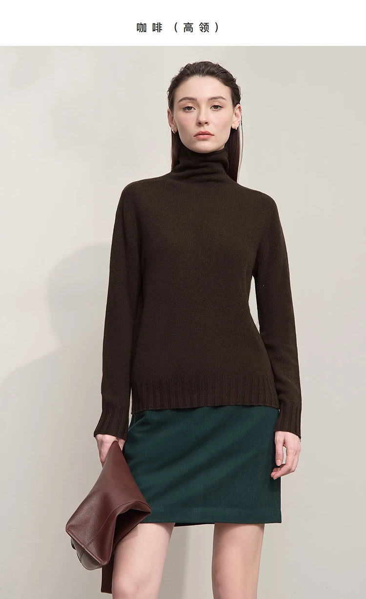 Brauner Damenpullover mit Rollkragen und langen Ärmeln, gerippter Saum