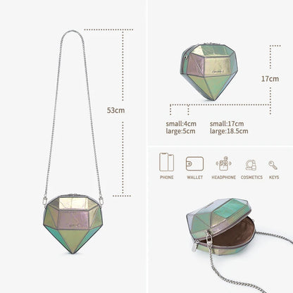 Mini-Lederclutch, diamantförmig, holografisches Design, Kettenriemen, geöffnet