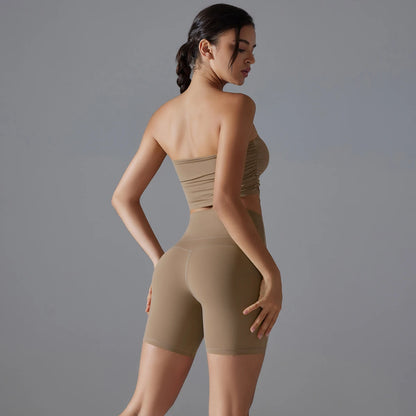 Sport-Shorts mit Push-up-Effekt, beige, hoher Bund, Rückansicht