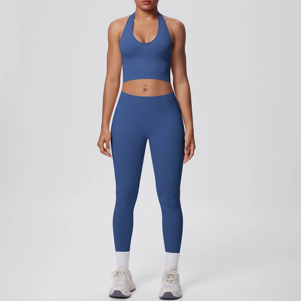 Hamidou Yoga-Set für Frauen in Blau: Sport-BH und Leggings mit hellem Saum