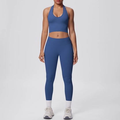 Hamidou Yoga-Set für Frauen in Blau: Sport-BH und Leggings mit hellem Saum