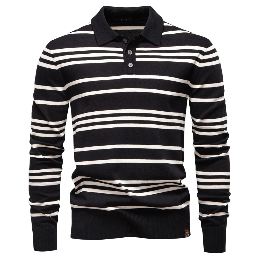 Langarm-Poloshirt für Herren, schwarz mit weißen Horizontalstreifen und Knopfleiste