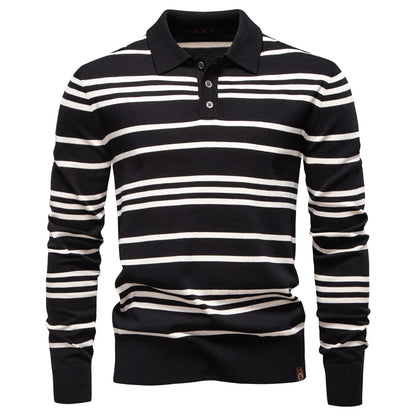 Langarm-Poloshirt für Herren, schwarz mit weißen Horizontalstreifen und Knopfleiste