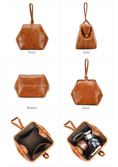 Kleine Handtasche aus Leder in Cognacbraun, Ansichten: vorne, seitlich, unten, hinten