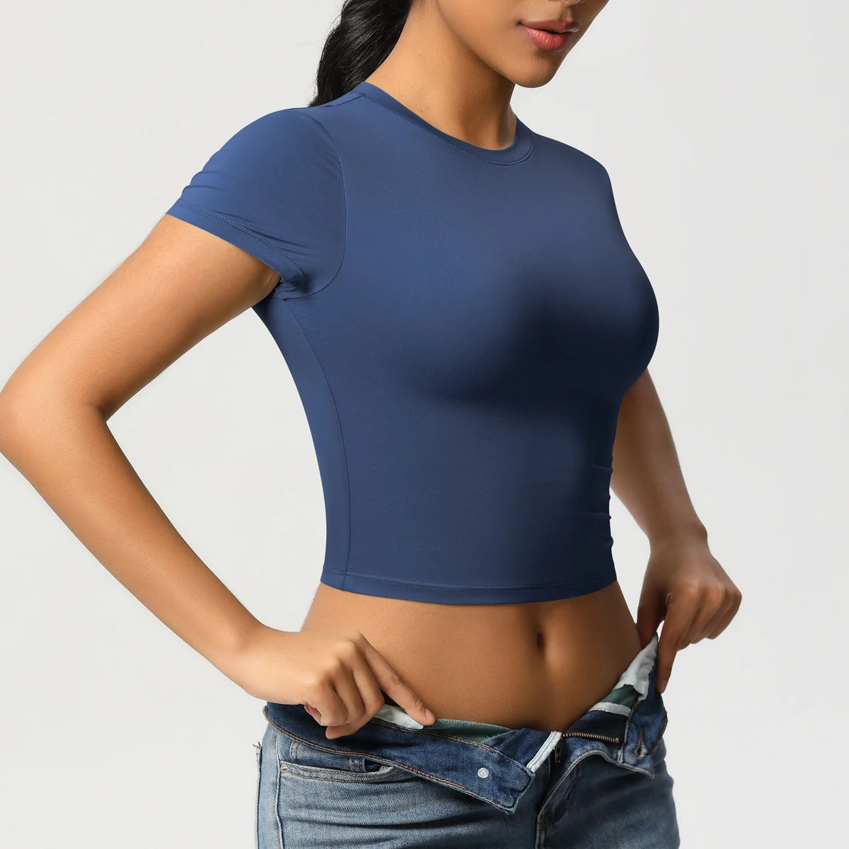 Damen Sport-T-Shirt, blau, eng anliegend, Kurzarm, Rundhalsausschnitt