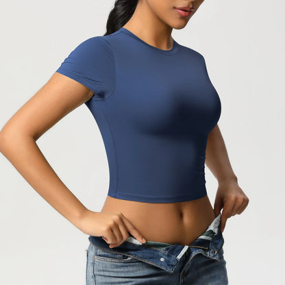 Damen Sport-T-Shirt, blau, eng anliegend, Kurzarm, Rundhalsausschnitt
